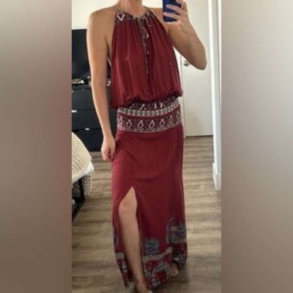 Farm Rio Red Blue Bohemian Drop Waist Maxi Dress size Medium